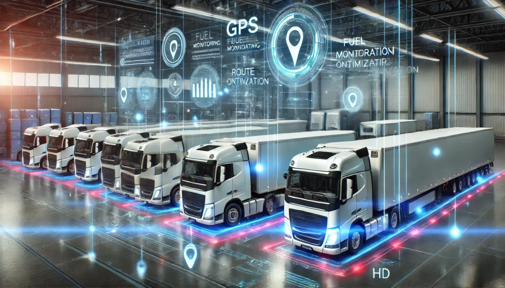 Uma frota de caminhões conectados a uma interface digital (como gráficos e ícones representando monitoramento em tempo real).